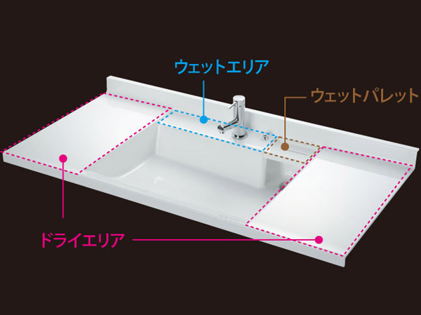 Bathing-wash room.  [Modern counter of integrally molded] We have adopted a wide square type of bowl floating luxury in stylish. It is easy to clean because the counter and the bowl is an integrated.