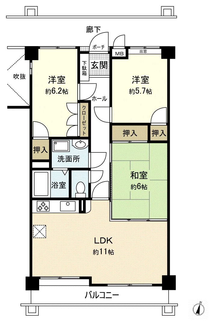 Floor plan. 3LDK, Price 11.6 million yen, Occupied area 68.22 sq m , Balcony area 8.01 sq m