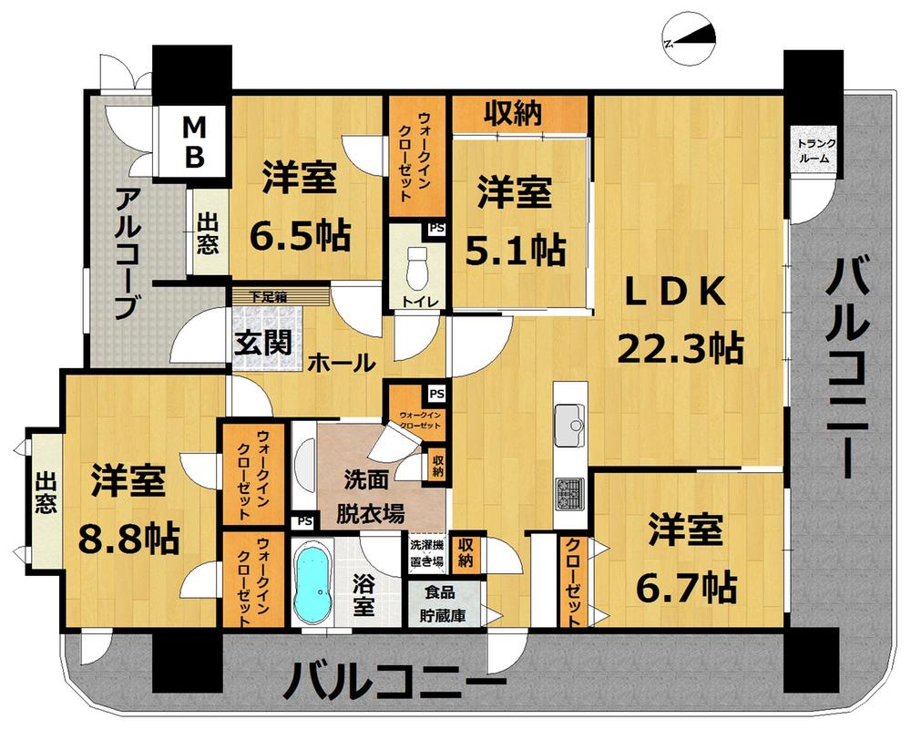 Floor plan. 4LDK, Price 31.5 million yen, Footprint 115.12 sq m , Balcony area 40.2 sq m southwest corner room ・ Equipped with extensive storage space