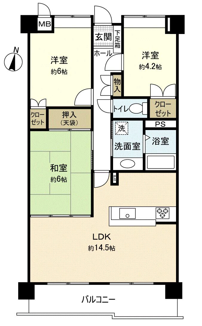 Floor plan. 3LDK, Price 9.5 million yen, Footprint 67.1 sq m , Balcony area 9.15 sq m
