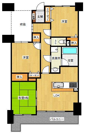 Floor plan. 3LDK, Price 9.98 million yen, Occupied area 64.08 sq m , Balcony area 13.62 sq m
