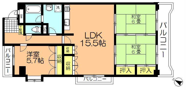Floor plan. 3LDK, Price 6.2 million yen, Occupied area 77.73 sq m , Balcony area 12.48 sq m per day and airy good southwest angle room