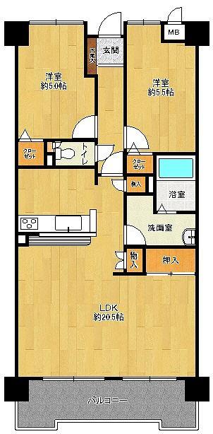 Floor plan. 2LDK, Price 7.4 million yen, Occupied area 69.47 sq m , Balcony area 8.57 sq m