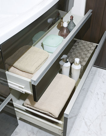 Bathing-wash room.  [Furniture vanity] Bowl under was a dead space, Seats basin accessories frequently used. And open Pata', It comes with a convenient-to-use pocket storage. Convenient drawer bunk to organize small items. Is the combination of the tray board of a two-stage sliding easy to take out things in the back.