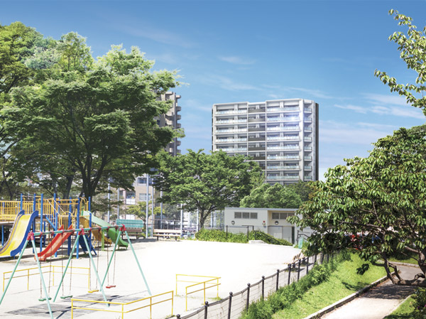 Buildings and facilities. View the Hagikeoka park trappings city of landscape 's green vivid tree, Fine room and 46 family of life stage, which is filled to the sense of openness is born. (In which the appearance Rendering was CG synthesis to those obtained by photographing the local direction than Hagikeoka park (April 2013), In fact a slightly different)
