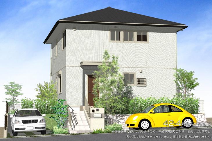 Local appearance photo.  [42-4 No. land] So we have drawn on the basis of the [Rendering] drawings, Rendering and the outer structure ・ Planting, such as might actually differ slightly from. Also, The car is not included in the price.