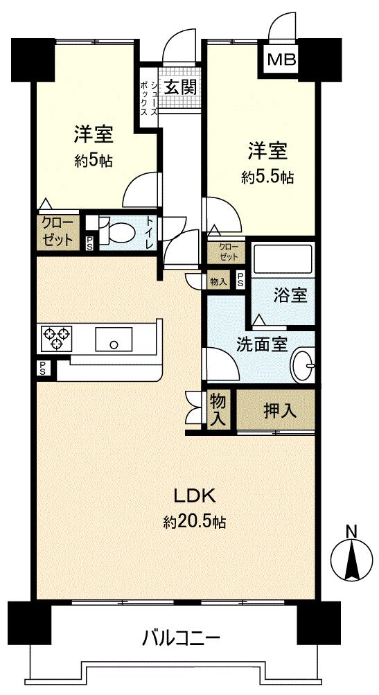 Floor plan. 2LDK, Price 7.4 million yen, Occupied area 69.47 sq m , Balcony area 8.57 sq m