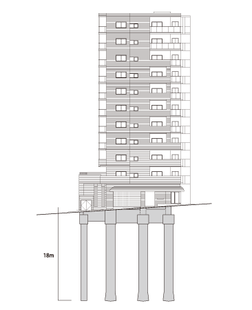 Building structure.  [Foundation engineering] Closely do the ground survey in Kiyotaki Third Street apartment, Driving the foundation piles from the ground to a depth of about 18m, Firmly support the building by strong support layer. (Conceptual diagram)