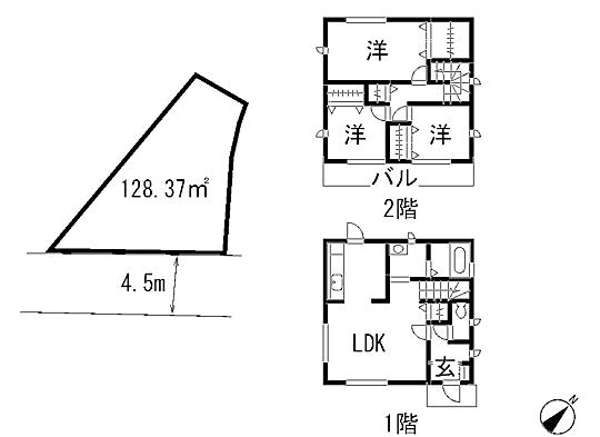 Compartment view + building plan example. Building plan example, Land price 6.6 million yen, Land area 128.37 sq m , Building price 9.9 million yen, Building area 81.14 sq m