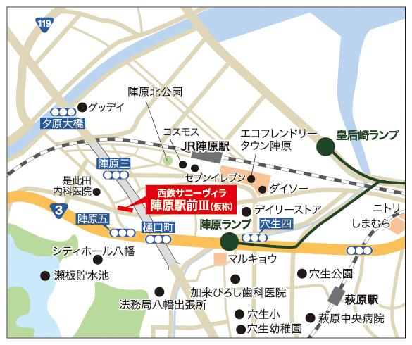 Local guide map. JR Kagoshima Main Line "Jin'noharu" transportation access good location in a 7-minute walk to the station. shopping ・ hospital ・ Facilities such as Park is also a livable environment because it is within walking distance.