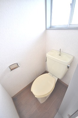 Toilet. It is bright with a window