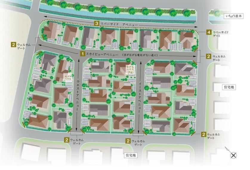 The entire compartment Figure. Welcome gate, Stately streets boasts of longing of the earth, such as providing the Riverside gate "Tetsuo" of the "Smart House Street District".