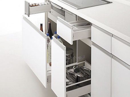 Kitchen.  [Slide type unit] Under the stove, Under the sink, Two-stage pull-out, Easy-to-use kitchen storage, etc. with a tray All slide type. Ball from small, You can store plenty to a large pot.