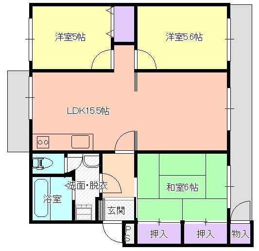 Floor plan. 3LDK, Price 5.8 million yen, Footprint 63.4 sq m , Balcony area 10.76 sq m bright two-sided balcony!