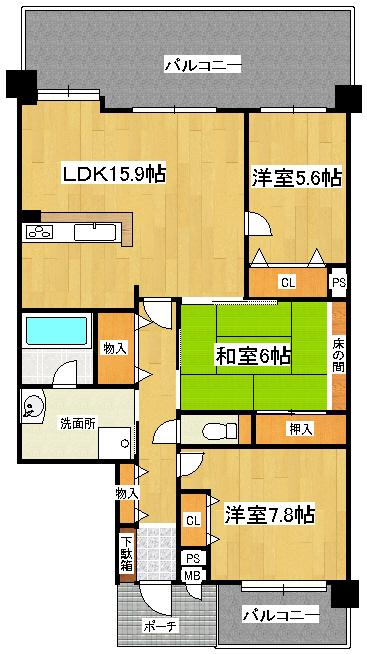 Floor plan. 3LDK, Price 15 million yen, Occupied area 85.28 sq m , 3LDK of balcony area 19.9 sq m spacious 85.28 sq m