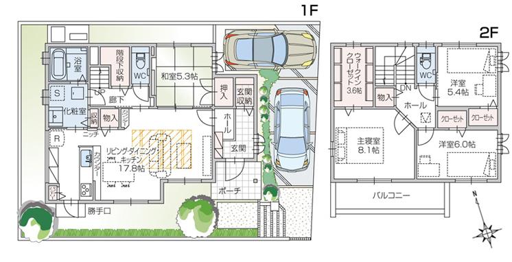 Floor plan.  [No. 1 destination] So we have drawn on the basis of the Plan view] drawings, Plan and the outer structure ・ Planting, such as might actually differ slightly from. Also, furniture ・ Car, etc. are not included in the price.
