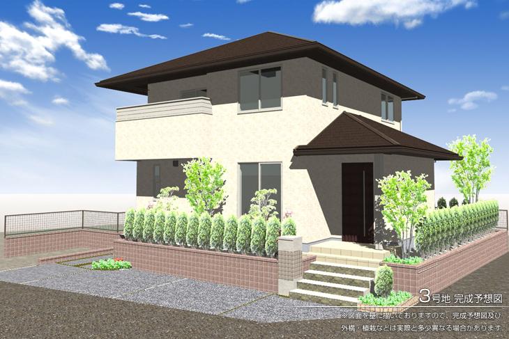 Rendering (appearance).  [No. 3 place] [No. 3 place Rendering], so we have drawn on the basis of the drawings, Rendering and the outer structure ・ Planting, such as might actually differ slightly from.