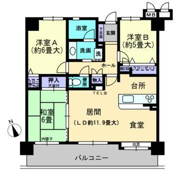 Floor plan. 3LDK, Price 8.7 million yen, Occupied area 70.87 sq m , Balcony area 13.76 sq m width about 8.6m 3LDK wide balcony of