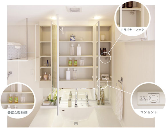 Bathing-wash room.  [Three-sided mirror with vanity] The Kagamiura equipped with useful features such as a dryer hook.