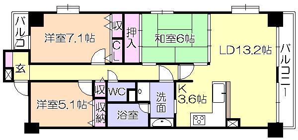 Floor plan. 3LDK, Price 11.5 million yen, Occupied area 77.32 sq m , Balcony area 11 sq m