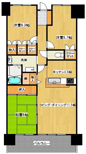 Floor plan. 3LDK, Price 15.4 million yen, Occupied area 73.65 sq m , Balcony area 11.83 sq m