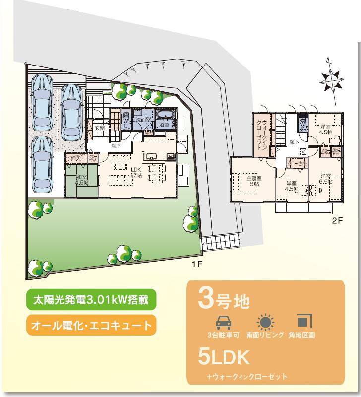 Floor plan.  [No. 3 place] So we have drawn on the basis of the Plan view] drawings, Plan and the outer structure ・ Planting, such as might actually differ slightly from.  Also, furniture ・ Car, etc. are not included in the price.