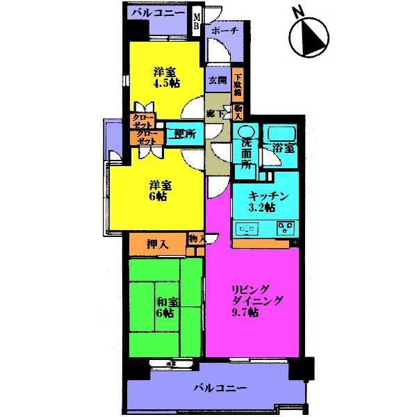 Floor plan. 3LDK, Price 10 million yen, Footprint 63.4 sq m , Balcony area 10.96 sq m