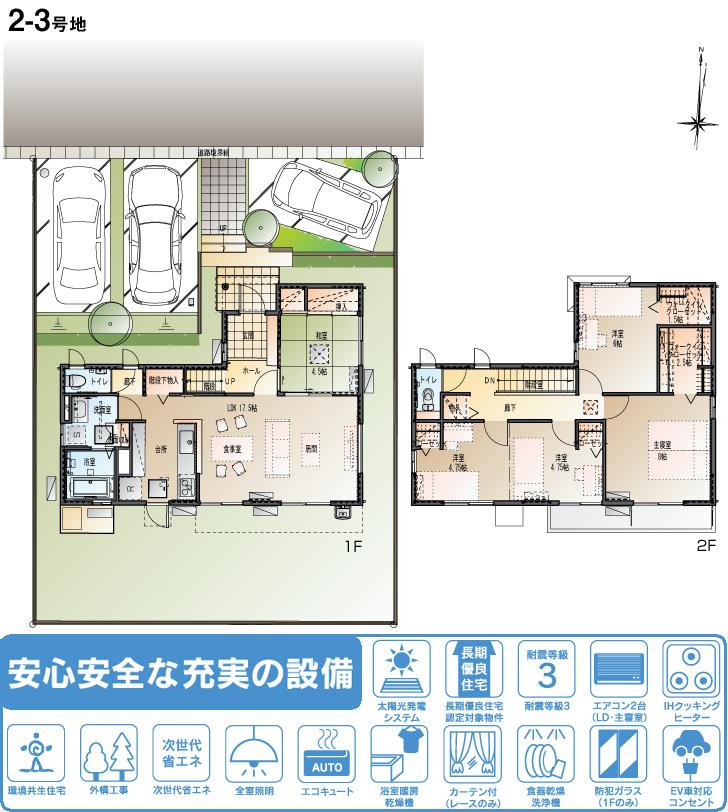 Floor plan.  [2-3 No. land] So we have drawn on the basis of the Plan view] drawings, Plan and the outer structure ・ Planting, such as might actually differ slightly from.  Also, furniture ・ Consumer electronics ・ Car, etc. are not included in the price.