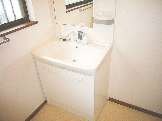 Wash basin, toilet. Sunny washroom. 