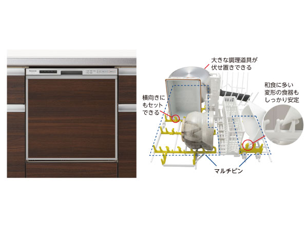 Kitchen.  [Dishwasher] Dishwasher is standard equipment that can hold as many as 40 points tableware. Adopt a multi-pin to those of various forms to fit quite right (conceptual diagram)