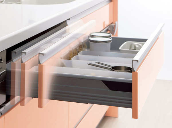 Kitchen.  [Soft motion rail] To reduce the sound that the pattern of when closing the drawer. Pull slowly be closed vigorously, It is quiet and safe. (Same specifications)