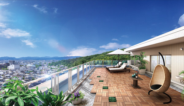 balcony ・ terrace ・ Private garden.  [View from the roof balcony] A view that was taking advantage of the "location of the top of the hill.".  ※ This Perth F type roof balcony Rendering CG that caused draw based on the drawings, Those that were synthesized view photos from the local 11th floor (2012 October 5 shooting), In fact a slightly different.