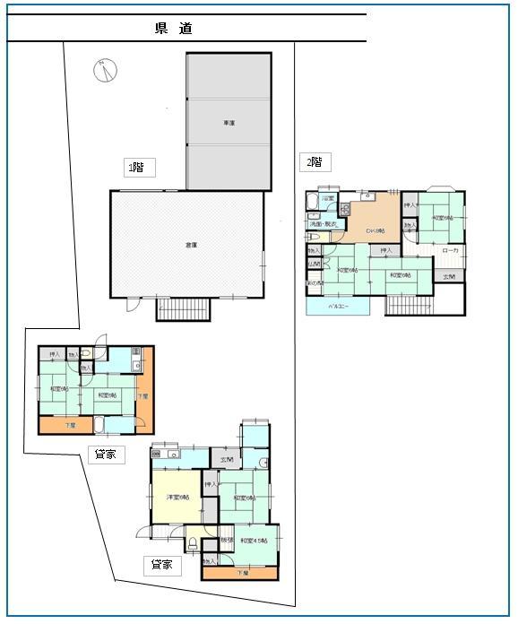 Local appearance photo. Large warehouse ・ Three inner garage ・ Rental 2 hotels with housing