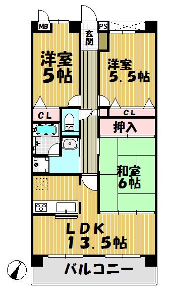 Floor plan. 3LDK, Price 15.8 million yen, Occupied area 70.85 sq m , Balcony area 9 sq m