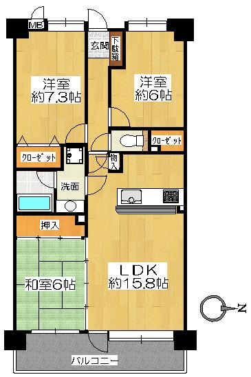 Floor plan. 3LDK, Price 9.9 million yen, Occupied area 74.75 sq m , Balcony area 11.5 sq m
