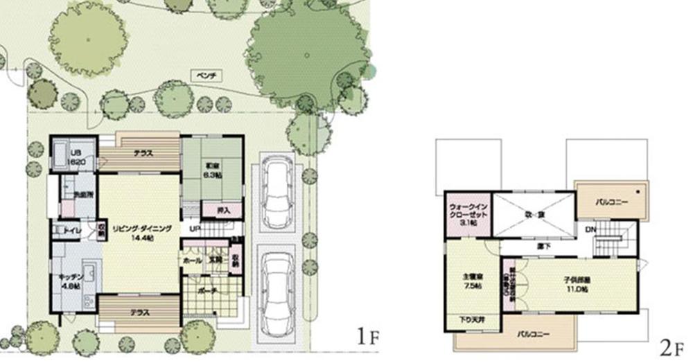 Floor plan. 24 million yen, 4LDK, Land area 202.89 sq m , Building area 113.67 sq m summer cool north terrace and winter warm natural air conditioning of the plan provided the south terrace. Moveable storage partition adopted the partition can be changed depending on the child's growth.