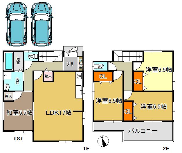 Floor plan. 23.8 million yen, 4LDK, Land area 170 sq m , Building area 98.82 sq m ○ 2 No. land ○ ordinary car two Allowed ○ 4LDK ○ LDK17 Pledge