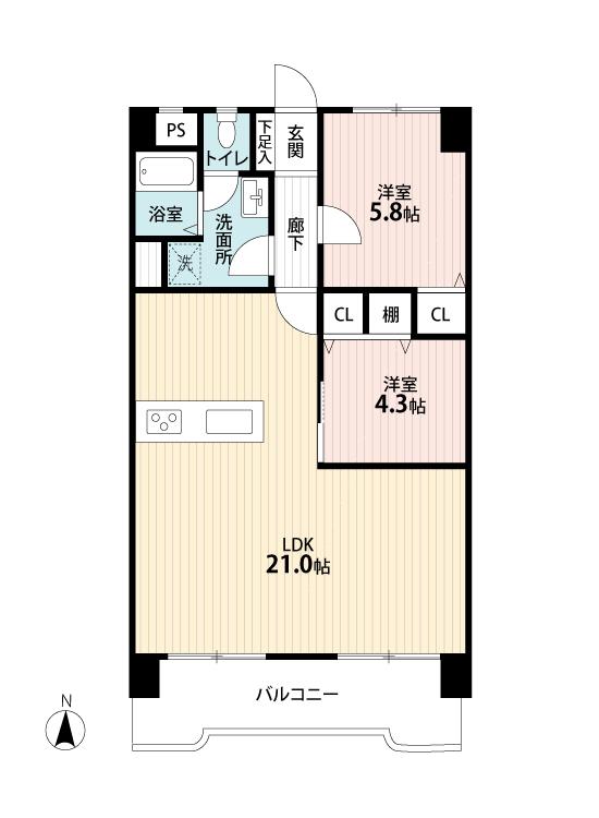 Floor plan. 2LDK, Price 9.8 million yen, Footprint 68.9 sq m , Balcony area 7.8 sq m wide ~ There living 2LDK