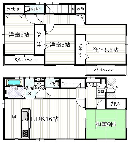 Floor plan. 18.5 million yen, 4LDK, Land area 192.52 sq m , Is a floor plan of the building area 105.99 sq m Zenshitsuminami direction