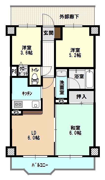 Floor plan. 3LDK, Price 7.9 million yen, Footprint 53 sq m , Balcony area 6.87 sq m