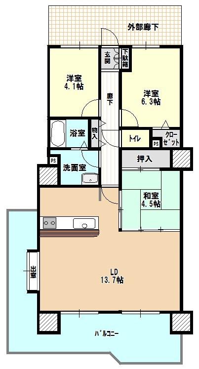 Floor plan. 3LDK, Price 12 million yen, Footprint 73.8 sq m , Balcony area 16.86 sq m