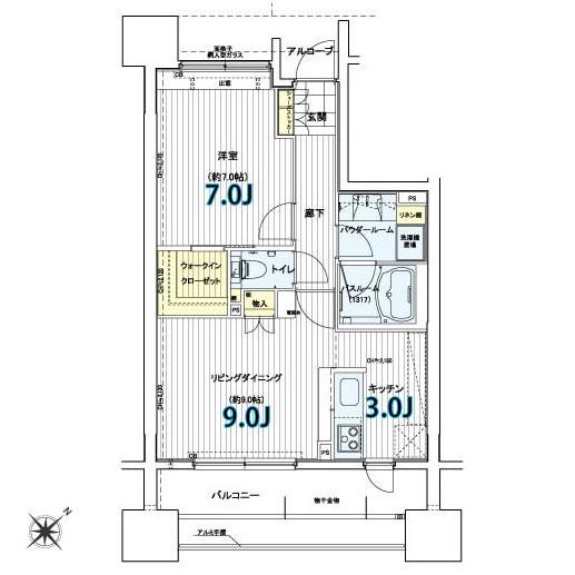 Floor plan. 1LDK, Price 12.8 million yen, Occupied area 48.95 sq m , Balcony area 11.34 sq m