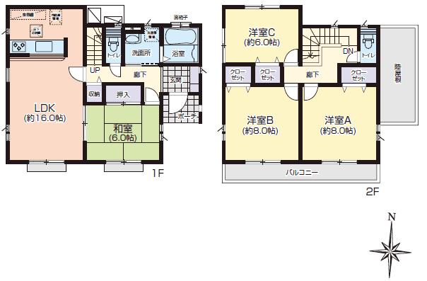 Floor plan. 20.1 million yen, 4LDK, Land area 186.05 sq m , Spacious building area 105.16 sq m living to continue Japanese-style room