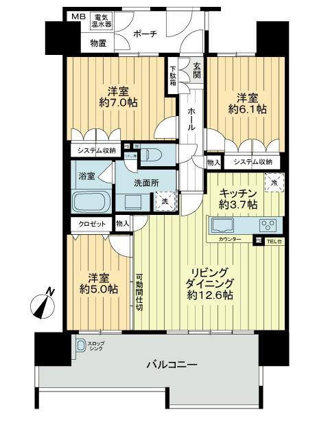 Floor plan. 3LDK, Price 19,800,000 yen, Occupied area 76.05 sq m , The door top of the balcony area 16.9 sq m each room there is a rotation transom, You can ventilation while closed the door.