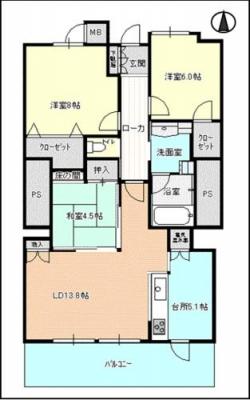 Floor plan. 3LDK, Price 18,800,000 yen, Occupied area 84.76 sq m , Balcony area 13.5 sq m