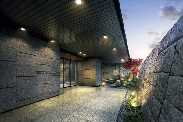 Shared facilities.  [Entrance approach] Reminiscent of the stone wall that supports the castle, Impressive entrance massive wall. Floor and wall luxury using natural granite, Constitute a magnificent approach space worthy of the stance of Yingbin. With large eaves of frontage full exudes the grandeur of the building (Rendering)