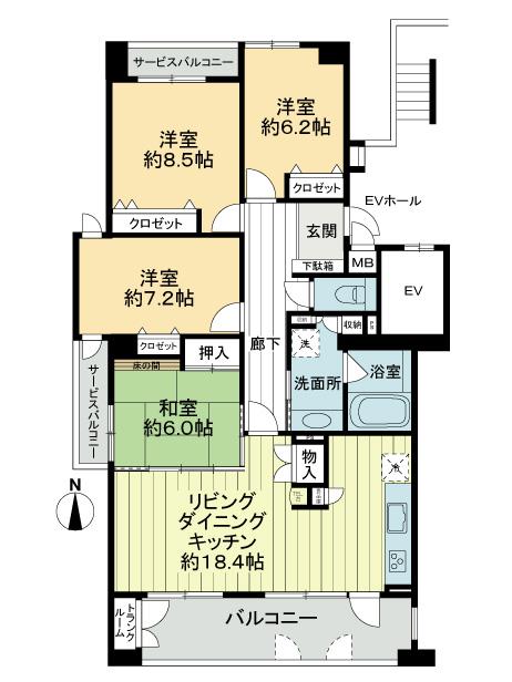 Floor plan. 4LDK, Price 14.3 million yen, Footprint 106.14 sq m , Balcony area 19.66 sq m footprint 106.14 sq m 4LDK