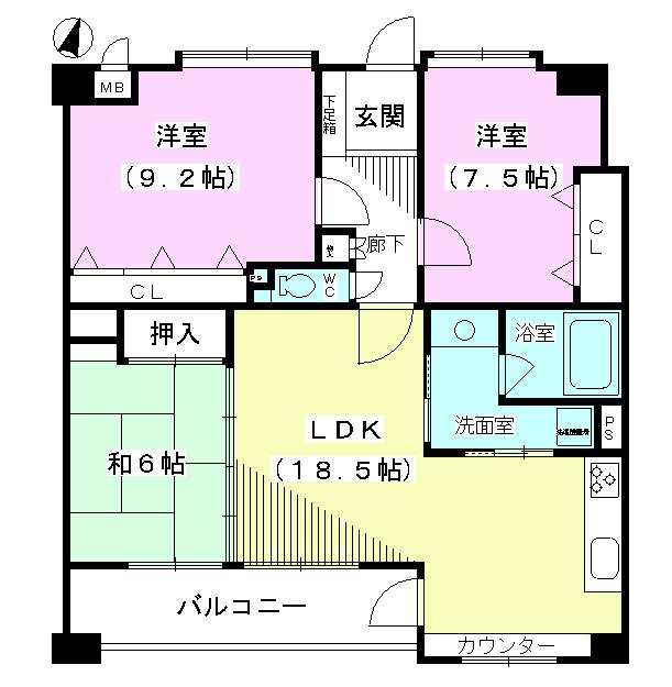 Floor plan. 3LDK, Price 14.8 million yen, Occupied area 93.96 sq m , Balcony area 11.07 sq m