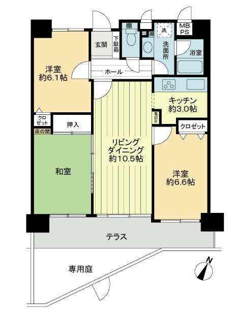 Floor plan. 3LDK, Price 12.8 million yen, Is a floor plan of the occupied area 69.74 sq m south 3 rooms. Living dining and paste flooring Each room (Western-style ・ Japanese-style room) are all 6-mat more.