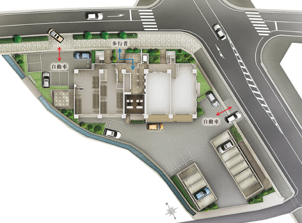 Features of the building.  [Land Plan] Distribution building plan good hit of the sun will capture a pleasant breeze and light. Also, Ayumu roadway separation design separation of the route to enter the building of the people and the car has been adopted. To achieve safe and smooth approach flow line (site layout)